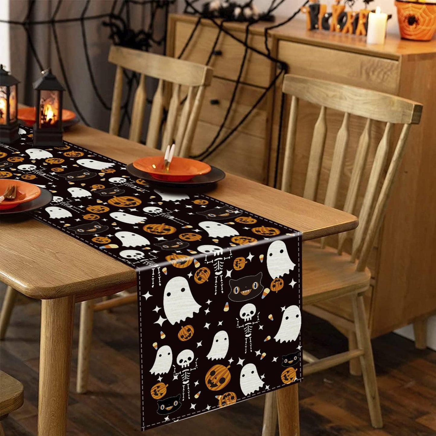 GAGEC Halloween Table Runner Black Cat Pumpkins Seasonal Kitchen Dining Table Home Outdoor Party Decorations (13'' x 90'')