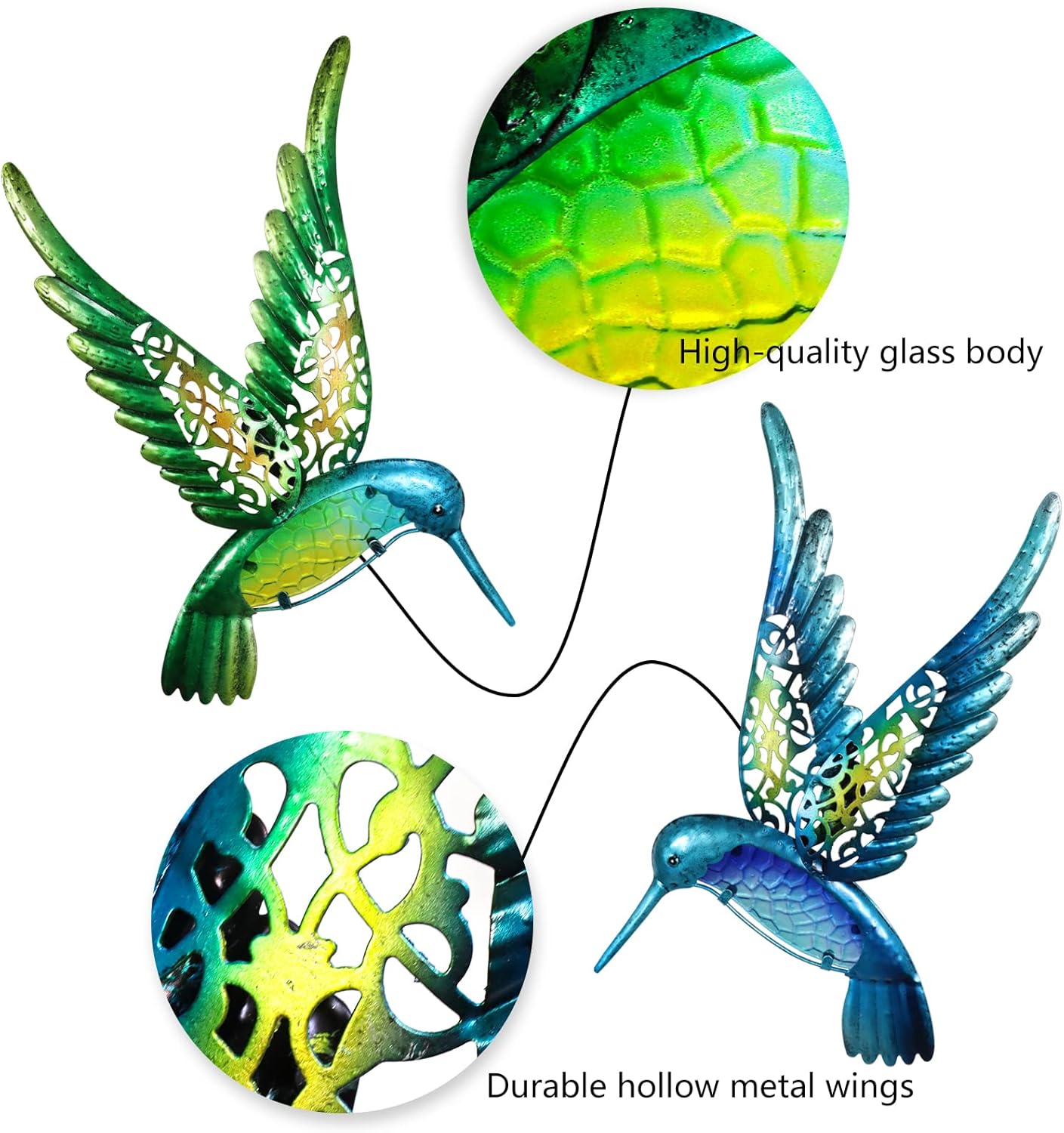 HONGLAND Metal Hummingbird Wall Art 15inch Metal Birds Wall Sculpture Garden Decoration Outdoor Statue Patio Fence Hanging Plaques 2 Pack