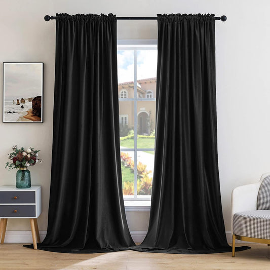 MIULEE Black Velvet Curtains Thermal Insulated Blackout Curtain Drapes for Bedroom Living Room Darkening 96 Inches Long Curtains Panels Rod Pocket Set of 2