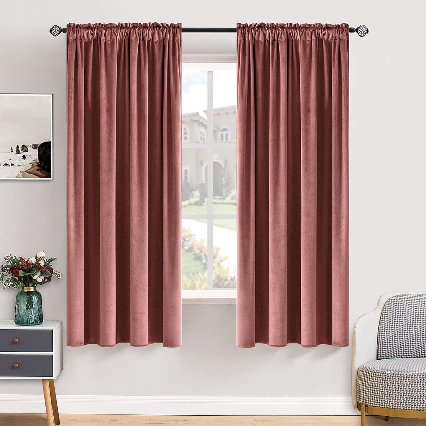 MIULEE Dusty Rose Pink Velvet Curtains Thermal Insulated Blackout Curtain Drapes for Bedroom Living Room Darkening 63 Inches Long Curtains Panels Rod Pocket Set of 2