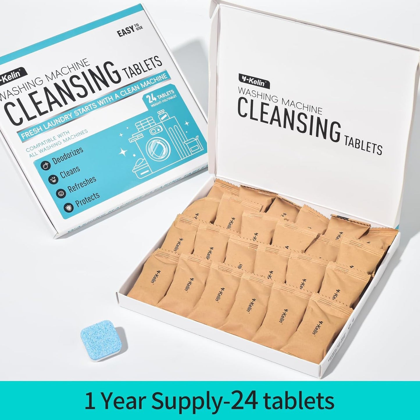 Washing Machine Cleaner Tablets 24 Pack -1 Year Supply for HE Front Loader & Top Load Washer,Septic Safe Washer Machine Cleaner Tablets, Deep Clean,Eco-Friendly Deodorizer
