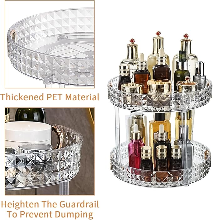 Wesoke 2 Tier Lazy Susan Turntable Cupboard Organiser, Large Rotating Kitchen Spice Rack Spinning Condiment Seasoning Organizer, Detachable Revolving Bathroom Makeup Tray Holder for Cabinet Fridge