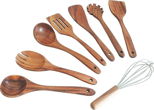 Wooden Kitchen Utensils Set, Teak Wood Cooking Spoons for Non-Stick Pans, 8 Pieces