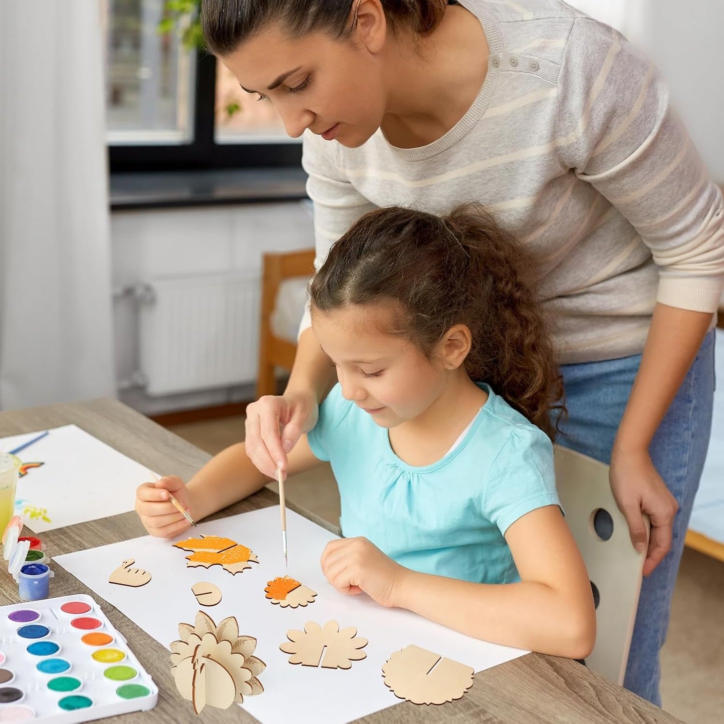 COCHIE DIY 3D Turkey Thanksgiving Wood Crafts to Paint for Kids Adults, Paintable Unfinished Wooden Slices for Craft, Fall Cutouts Ornaments for Painting Decorations 24 PCS Formed Into 6 Turkeys