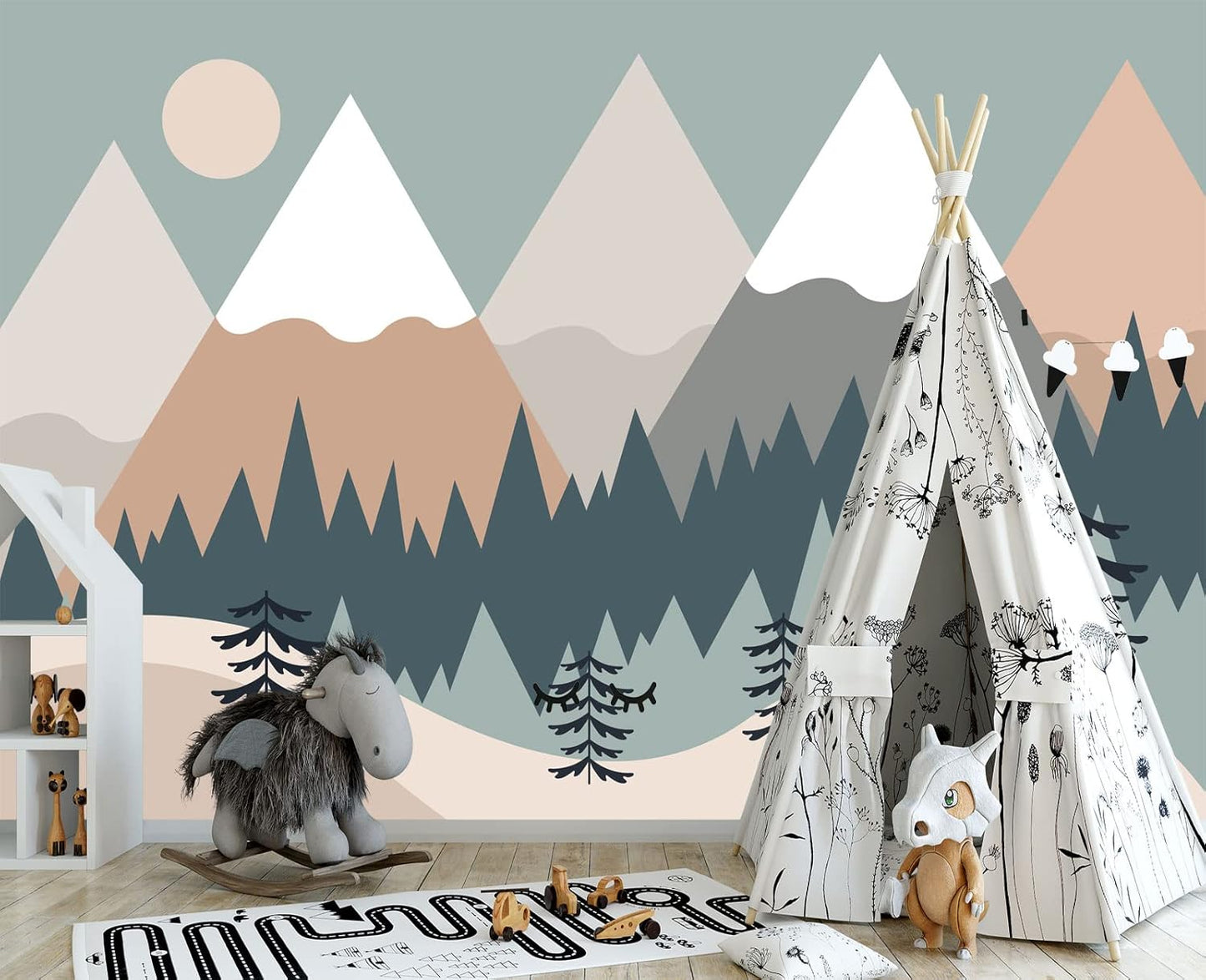 Children's Cartoon Mountain Peak Forest Sun Nursery Wall Mural Wallpaper 178" x 117"
