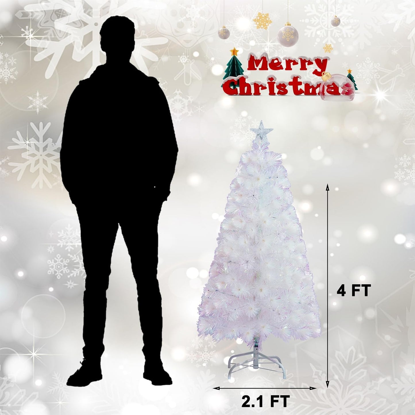 Juegoal 4ft Pre-Lit Artificial Christmas Tree, Lighted Optical Fiber Xmas Trees with Color Changing LED Lights, Snowflakes & Top Star, Party Home Holiday Fake Multicolored Tree with Metal Legs, White