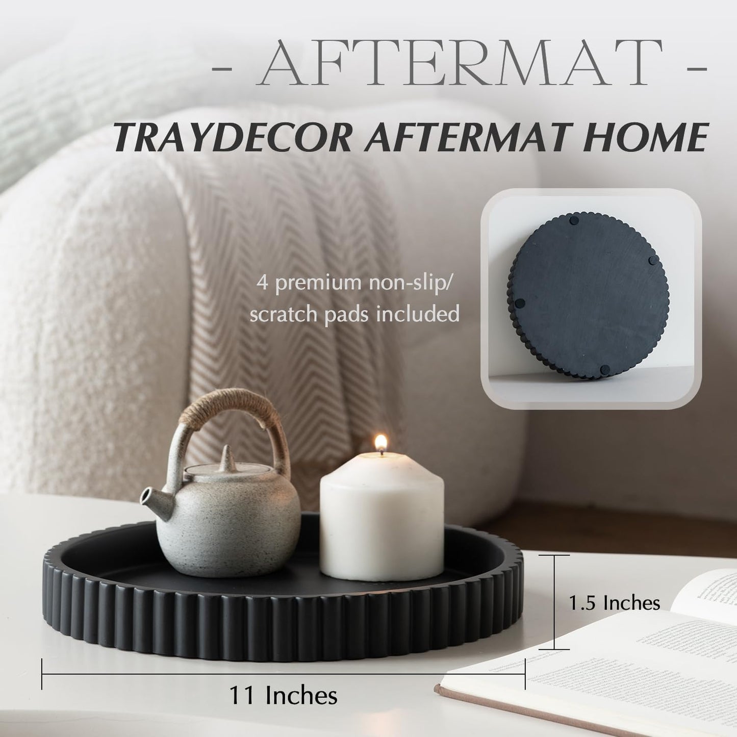 Decorative Tray for Coffee Table, Living Room, Side Table, 2 Packs 11" Black Round Concrete Home Decor Serving Trays for Accent Table, Console Table