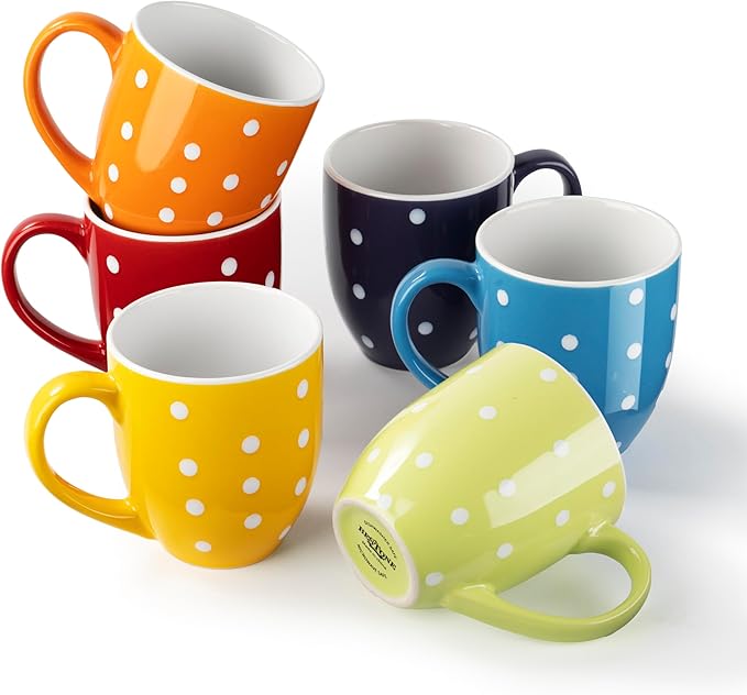 bestone Coffee Mugs Set of 6，17 oz Large Coffee Mugs, Ceramic Mugs with Handles,etc Coffee Mugs, Cups for Coffee Cereal Latte ，Microwave & Dishwasher safe，Vibrant Colors