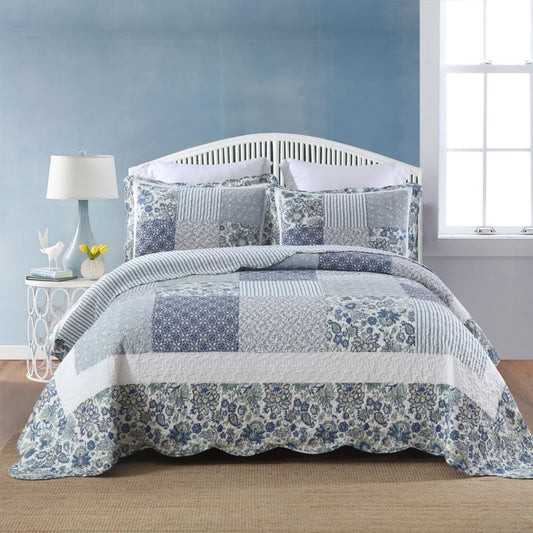 Cotton Bedspread Quilt Bedding Sets 3 Pieces Reversible Coverlet Sets Comforters Vintage Floral Patchwork Blue Bedspread (Blue Vintage Floral, King Size)