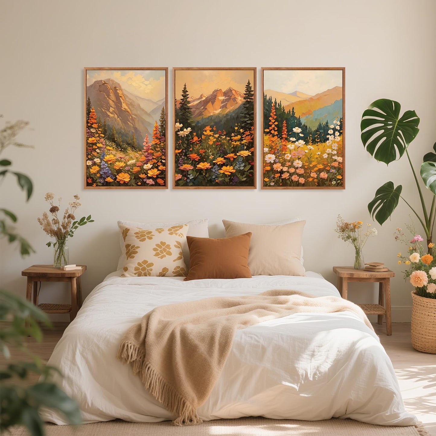 Aurlan Boho Mountain Sunset Landscape Framed Wall Art(16"x24"), 3PCS Large Wildflowers Meadow Canvas Artwork, Colorful Abstract Watercolor Nature Forest Scenery Decor for Home Office Bedroom