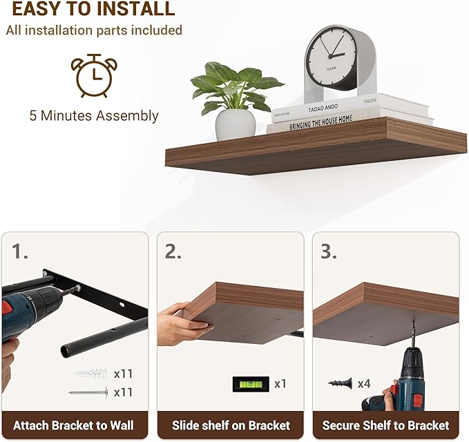 16 Inch Floating Shelves, 16"x9.25"x1.5" Inch Deep Floating Shelves for Wall, Wooden Shelves for Bathroom, Bedroom, Living Room, Walnut