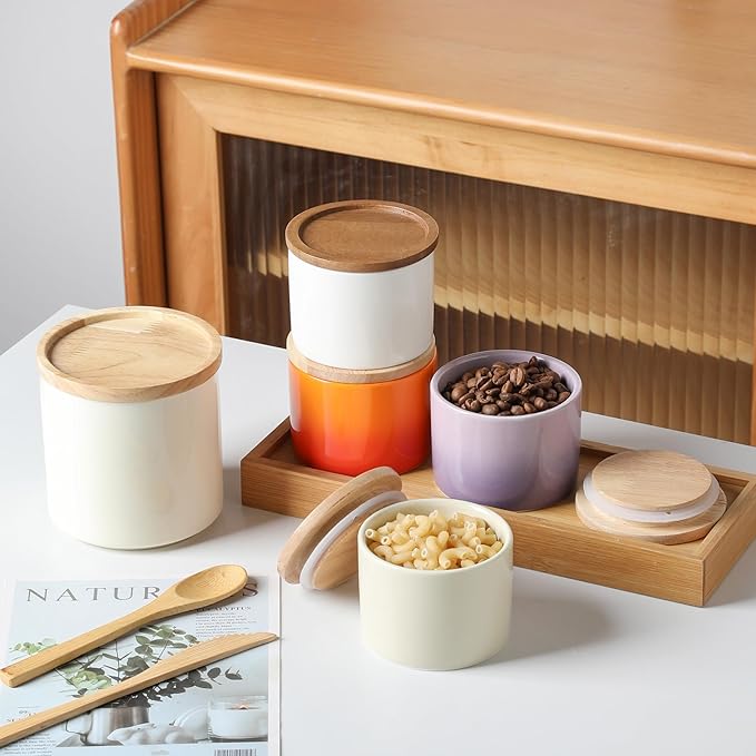 Sweejar Kitchen Canisters Ceramic Food Storage Jar, Stackable Containers with Airtight Seal Wooden Lid for Serving Ground Coffee, Tea, Sugar, Spice and More - 5 Fl Oz(Gradient Gray)