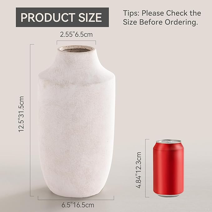 Mitt&Ditt Ceramic Flower Vase, 12.5 inch Tall Off-White Vase, Large Decorative Terracotta Vases, Farmhouse Rustic Pottery Vases for Home Decor, Living Room, Table