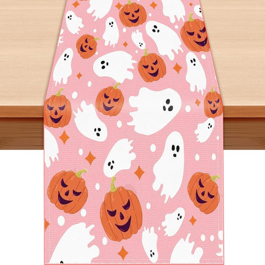 Halloween Table Runner Cute Spooky Ghost Pumpkin Table Linen Runner Pink Kitchen Dining Decoration Holiday Halloween Table Decoration for Holiday Indoor Outdoor Home Party Decor 13x36 Inch