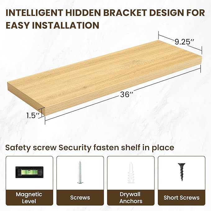 36 Inch Floating Shelves, 3D Textured Wood Grain, 36"x9.25"x1.5" Inch Deep Floating Shelves for Wall, Wooden Shelves for Bathroom, Bedroom, Living Room, Natural