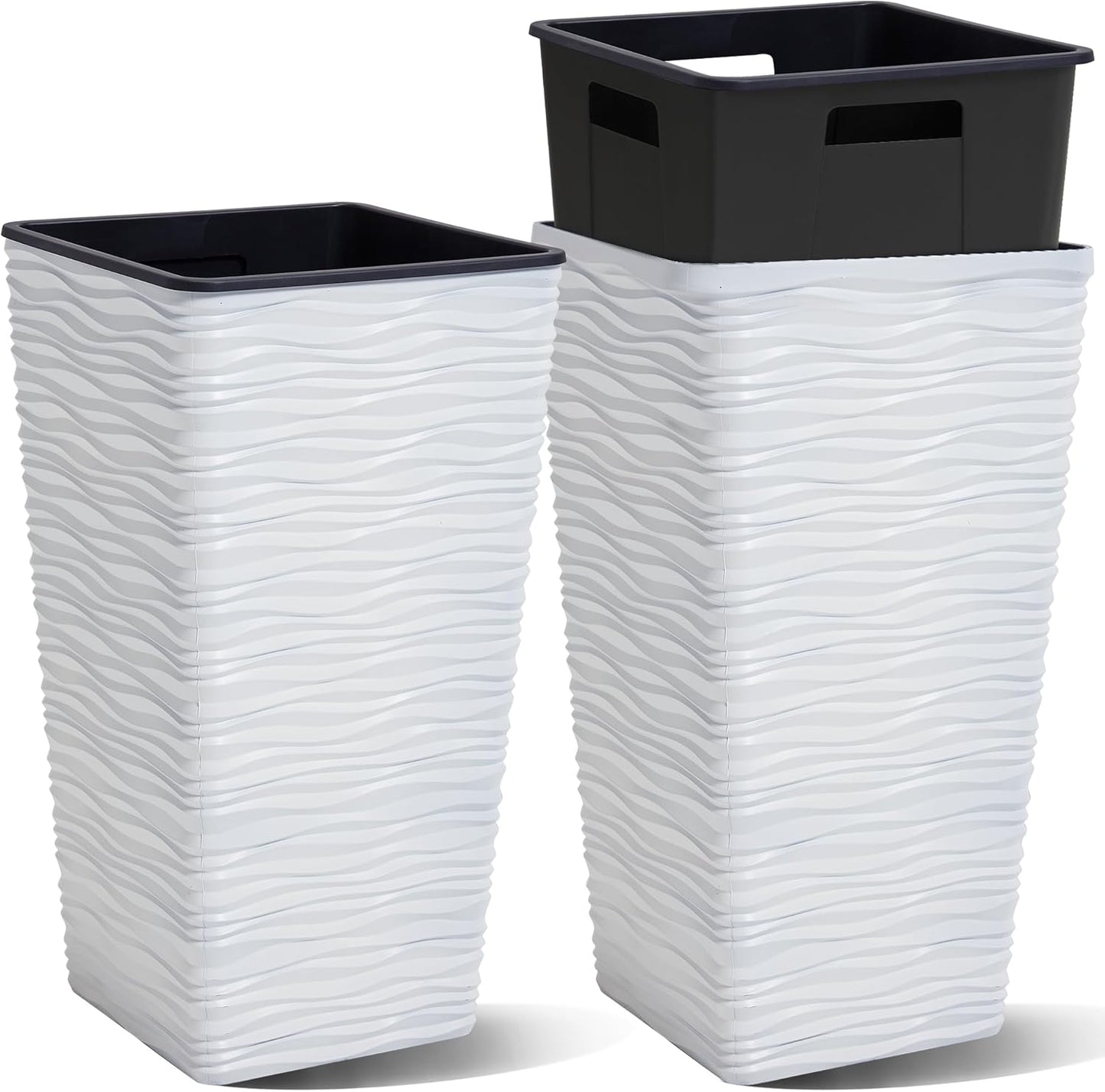 Worth Garden 2-Pack 22" H. White Square Tapered Planter with Inside Pots - Plastic Plant Pots for Indoor Outdoor - Modern Wavy Finish Decorative Flower Pots for Front Porch Containers Patio Deck
