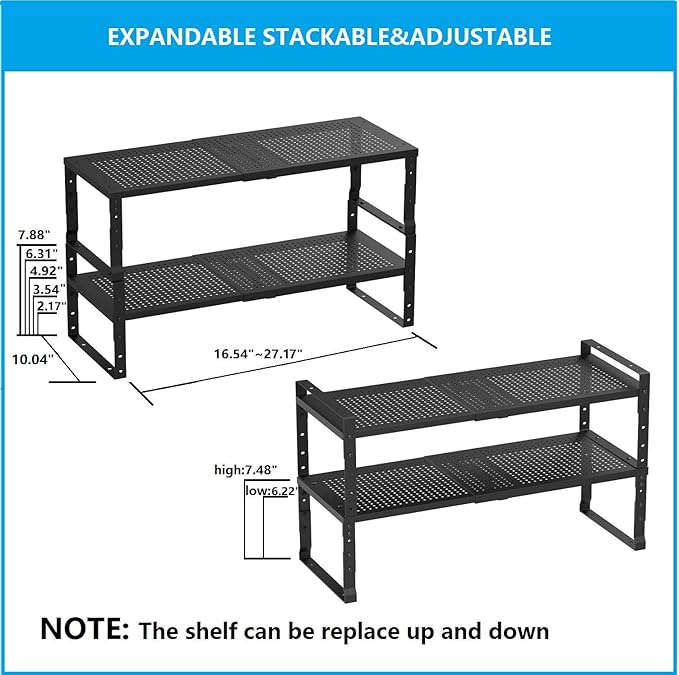 Expandable,Adjustable & Stackable Spice Rack, Cabinet Kitchen Countertop Shelf Organizer,Metal Pantry Storage Shelves - Space-Saving Storage Solution(2Packs/Black/Large)