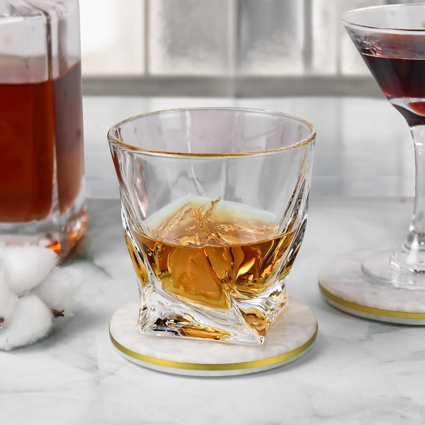 White Marble Coasters Set of 4 with Elegant Gold Brass Ring, Natural Marble Stone Coasters with Silicone Feet for Table Protection, Elegant Home Decor and Bar Tools