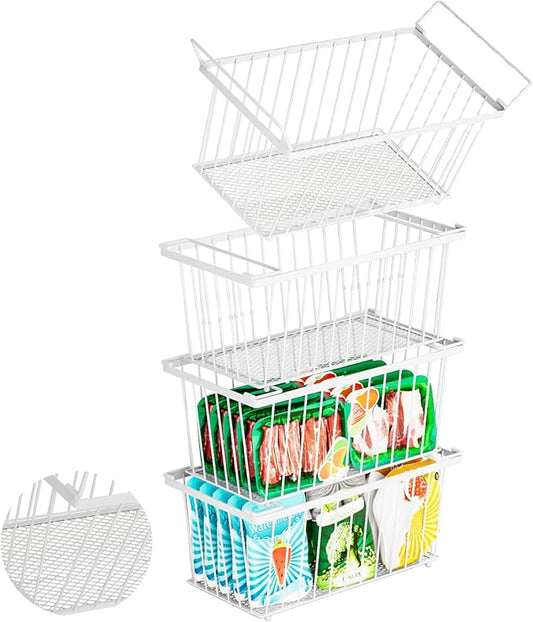 Freezer Organizer Bins ，Upgraded Bottom Leak-Proof net，4 Pack，Encryption and Hardening ，Deep Freezer Organizer Bins for 5 to 7 Cu.FT Small Chest Freezer， Easy Get Bottom Foods（white）