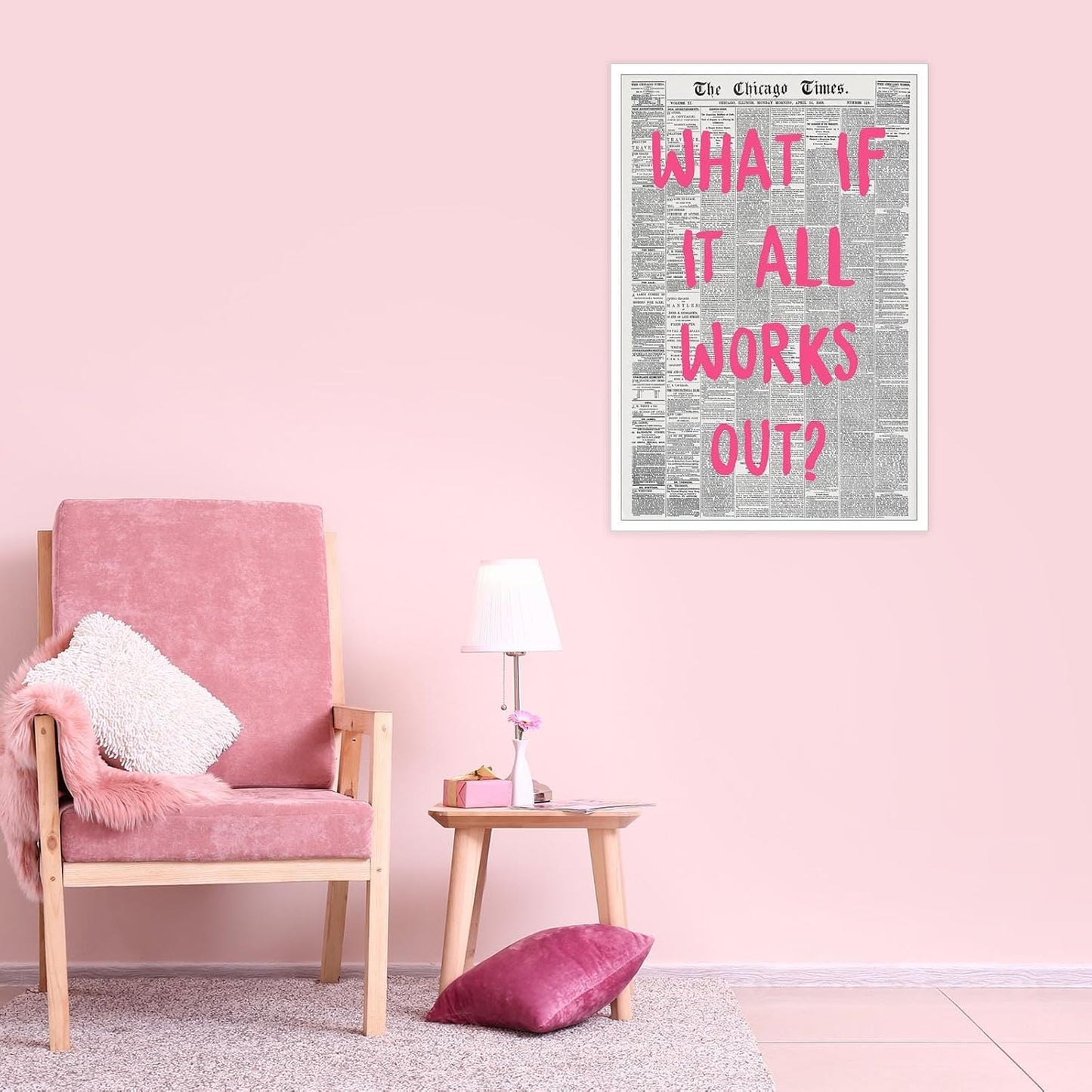 Liyark Retro Trendy Newspaper Canvas Wall Art - 'What If All Works Out' Poster - Positive Affirmation Quote - Pink Font - Minimalist Home Decor - 24x36in Unframed