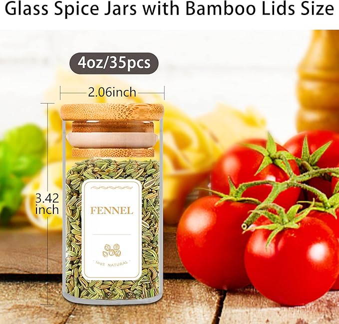 Spice Jars with Labels, 35 Pcs 4 oz Glass Spice Jars with Bamboo Lids, Minimalist Stackable Airtight Spice Containers with 426 labels for Home Kitchen, Pantry, Spice Cabinet, Drawer, Rack