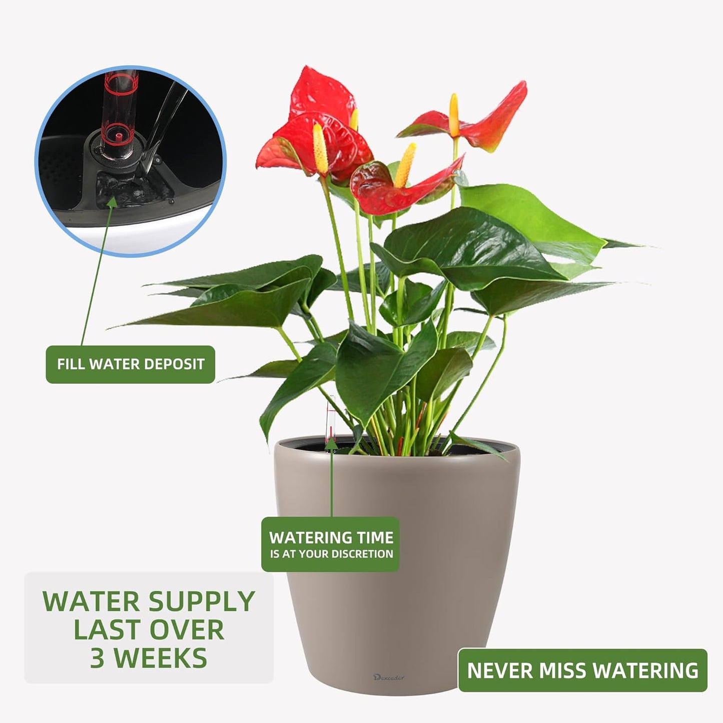 Dexceder 13x12 Self Watering Planter with Wheels Indoor Outdoor, Inner Pot Design, Thickened Large Floor Standing Flower Plant Pot with Water Level Indicator (Taupe Matte)