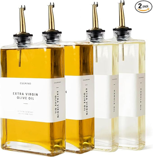 Premium Glass Olive Oil Dispenser Bottle 350ml | Cooking Oil and Vinegar Dispenser | Oil Dispenser for Kitchen with Gold Pourers, Funnel, Brush & 36 Labels (4 Pack)