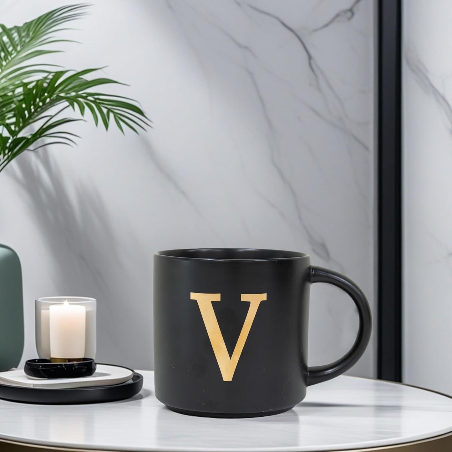 COLLECTIVE HOME - Monogram Ceramic Mugs, 15 oz Golden Initial Black Coffee Cups, Elegant Alphabet Tea Mugs, Elegant Personalized Mug with Gift Box, Unique Mug with Double Side Capital Lette (V)