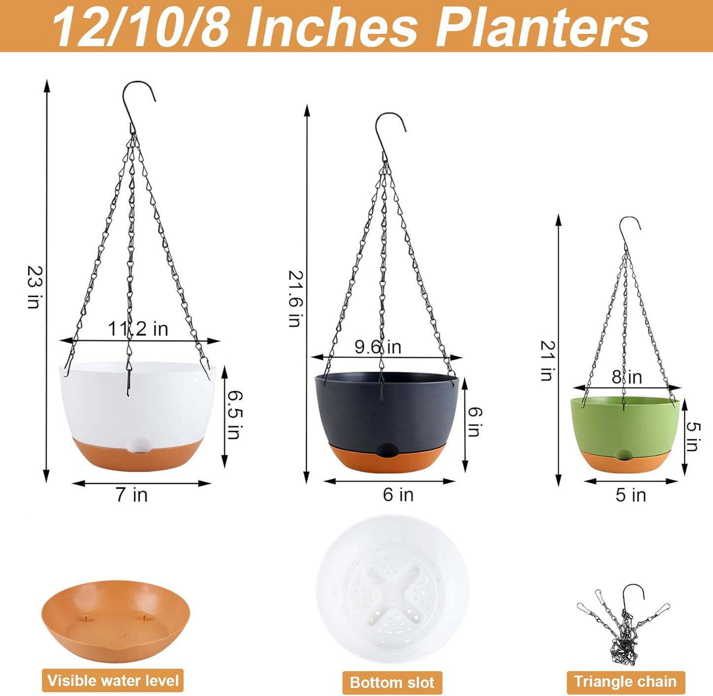 8/10/12 inch Hanging Planters for Indoor Outdoor Plants with Self-Watering Pots, 3 Pack Plastic Hanging Basket with Removable Tray for Home Garden Porch Balcony Patio Decor(White+Black+Green)
