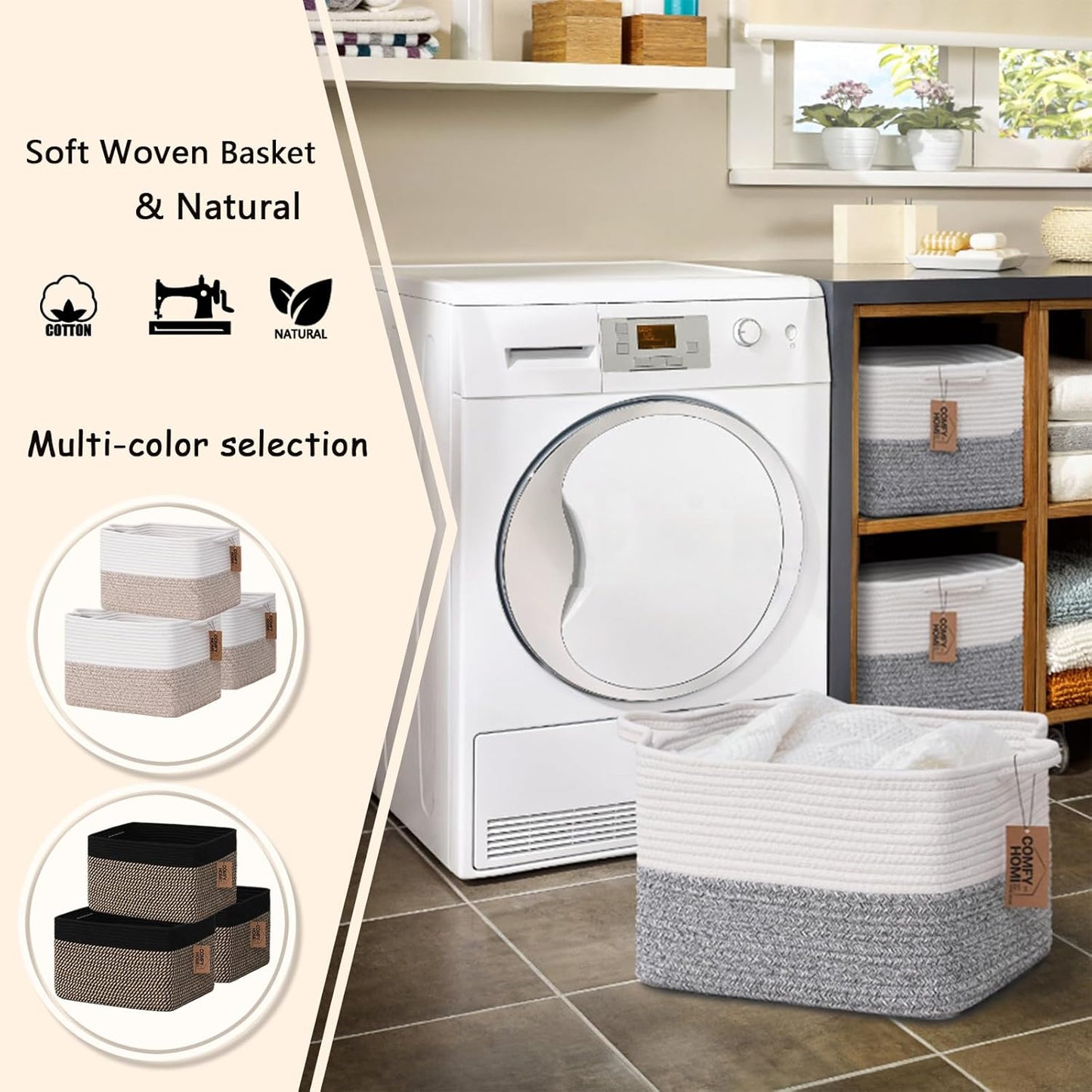 COMFY-HOMI Cotton Rope Woven Basket with Handles for Shelves,Toys,Book, Cloth Storage Baskets Bin for Organizing-13.5"x11"x9.5" Toy Decorative Organizer for Living Room, Bathroom-White/Grey