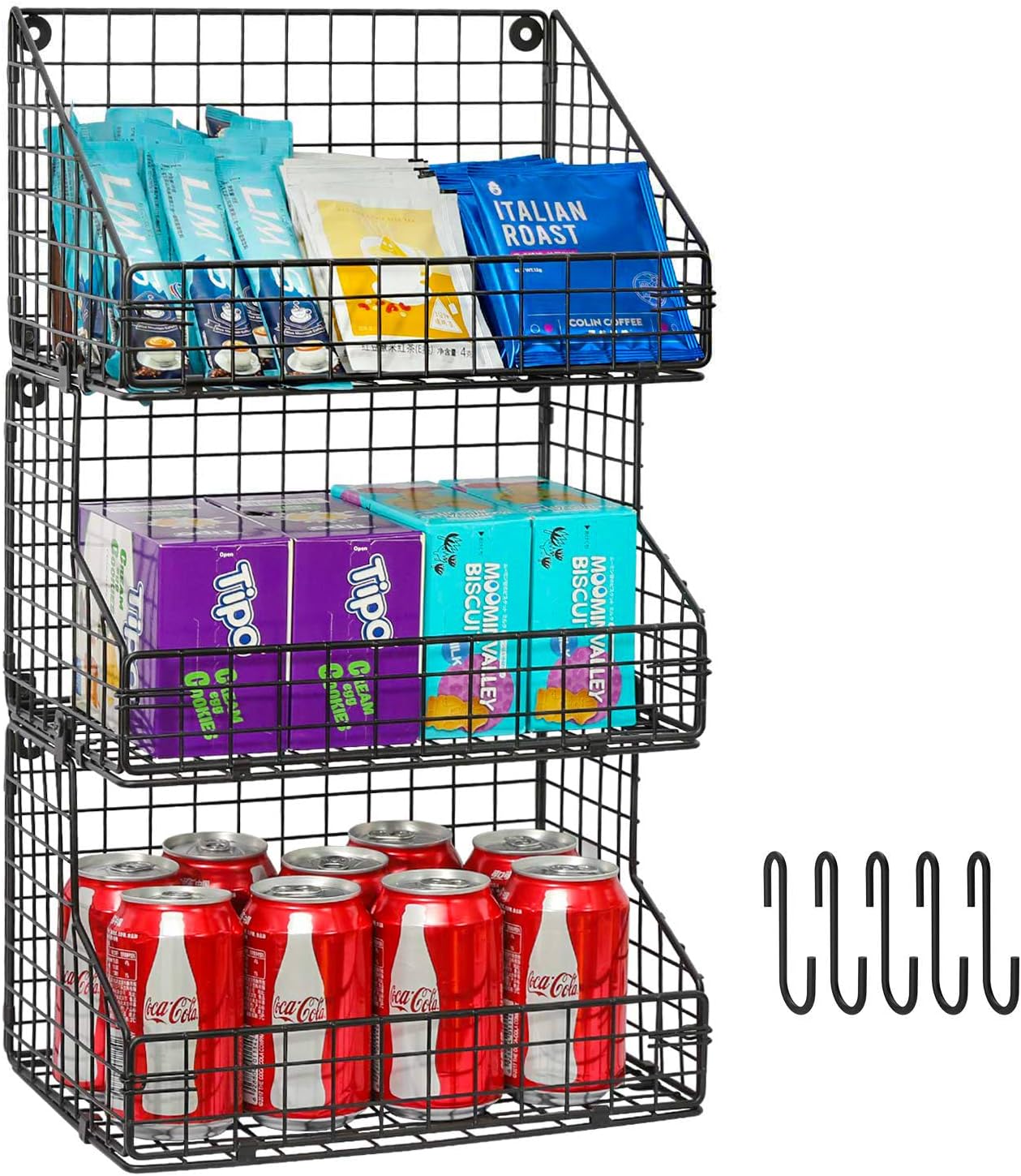 X-cosrack 3-Tier Stackable Detachable Snack Organizer (Large Size), Countertop Display/Wall Mounted Shelf with 5 Hooks Wire Basket Snack Shelf for Office Cabinets, Kitchen, Pantry, 11.8x7.8x22 Inch