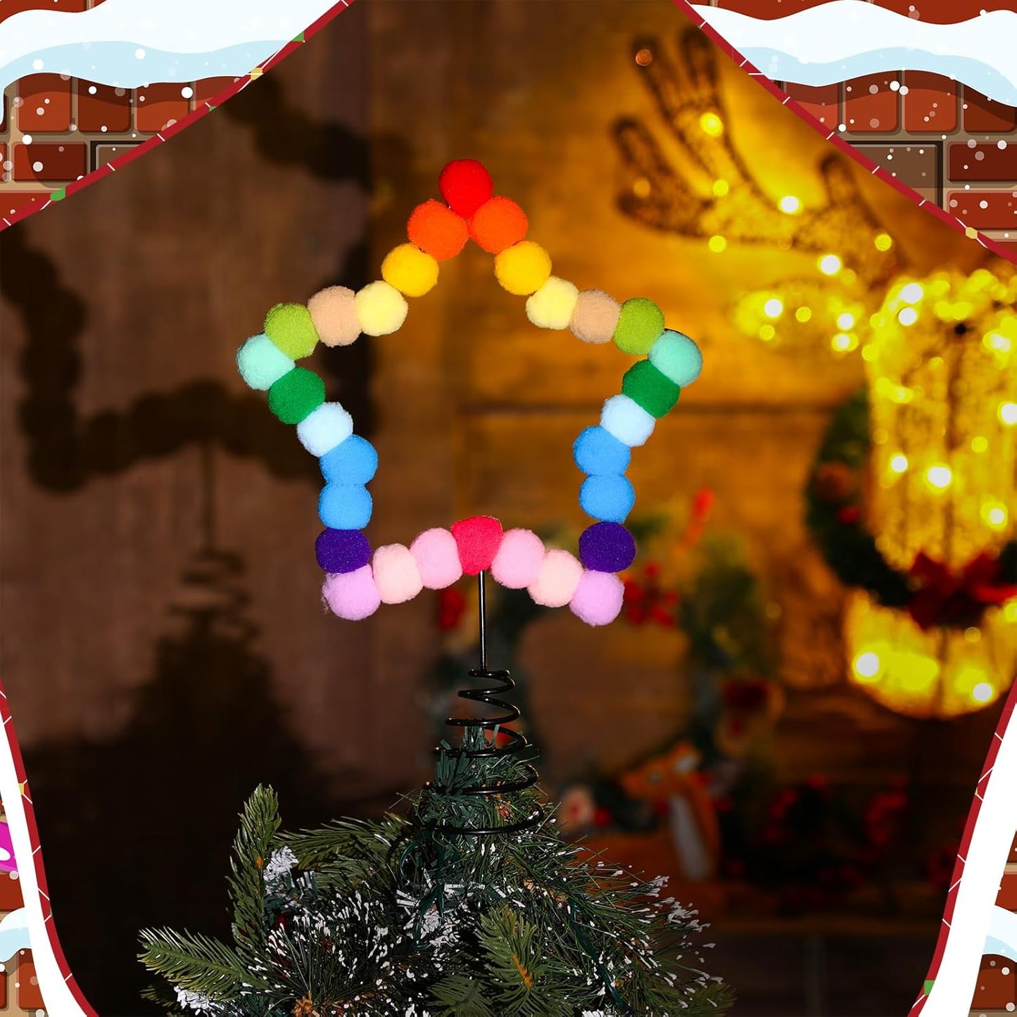 Rainbow Felt Ball Star Christmas Tree Topper Colorful Pom Pom Felt Ball Xmas Tree Topper Colorful Five Pointed Star Xmas Ornaments for Decoration(8.3 x 7.1 Inch)