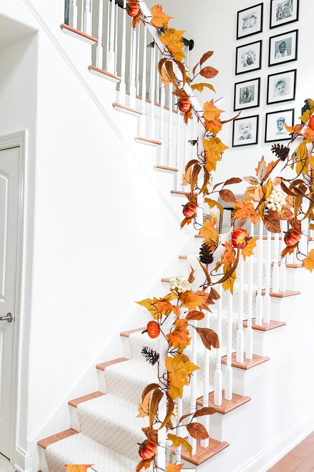 Lvydec Fall Maple Leaves Garland Decoration -6ft Artificial Fall Foliage Garland with White Pumpkins Pine Cone Autumn Decor for Halloween Thanksgiving Home Table Decor