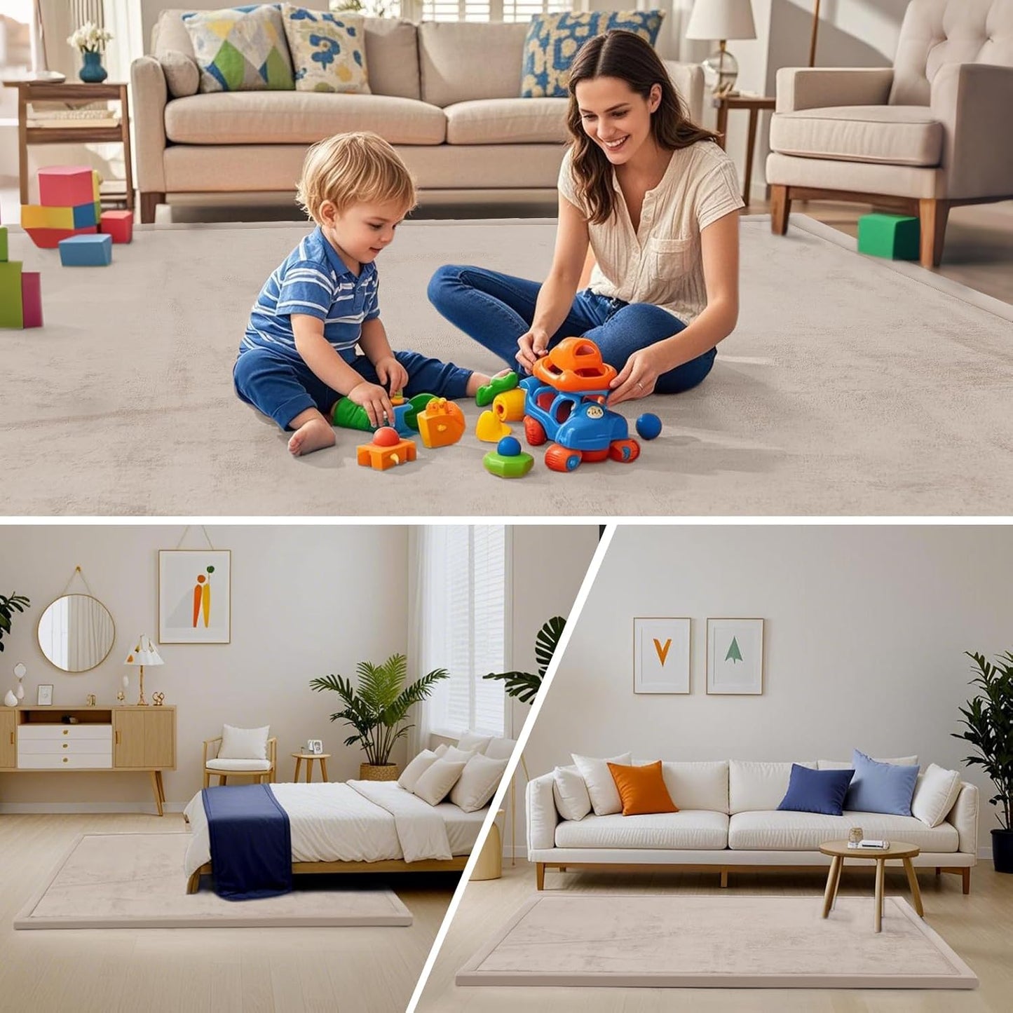 ACOMOPACK Baby Play Mat for Floor,1.3" Thick Memory Foam Area Rug for Living Room,Soft Velvet Crawling with Non-Slip Bottom for Kid,Toddler,59"×71" Tummy Time Nursery Rugs,Yoga（Beige）