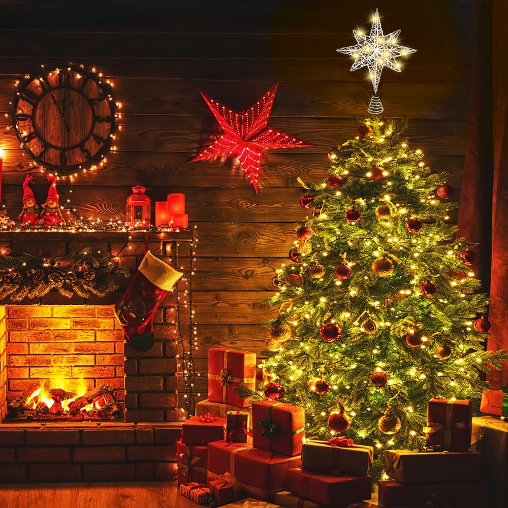 Christmas Tree Topper 13.5” Silvery Star Tree Toppers with 20 LED Lights for Christmas Tree Decorations, Xmas Tree Top Ornament for New Year Holiday Home Office Indoor