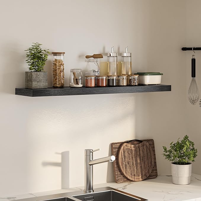 Floating Shelves for Wall, 48" W x 9.3" D x 1.5" H, Wooden Wall Mounted Display Shelves with Invisible Brackets for Living Room, Bedroom, Bathroom, Kitchen Decor and Storage, Set of 1, Black