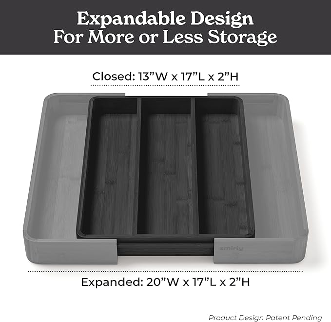 SMIRLY Silverware Drawer Organizer – Bamboo Kitchen Drawer Organizer, Adjustable Utensil Holder and Cutlery Tray, Drawer Dividers for Flatware and Kitchen Utensils