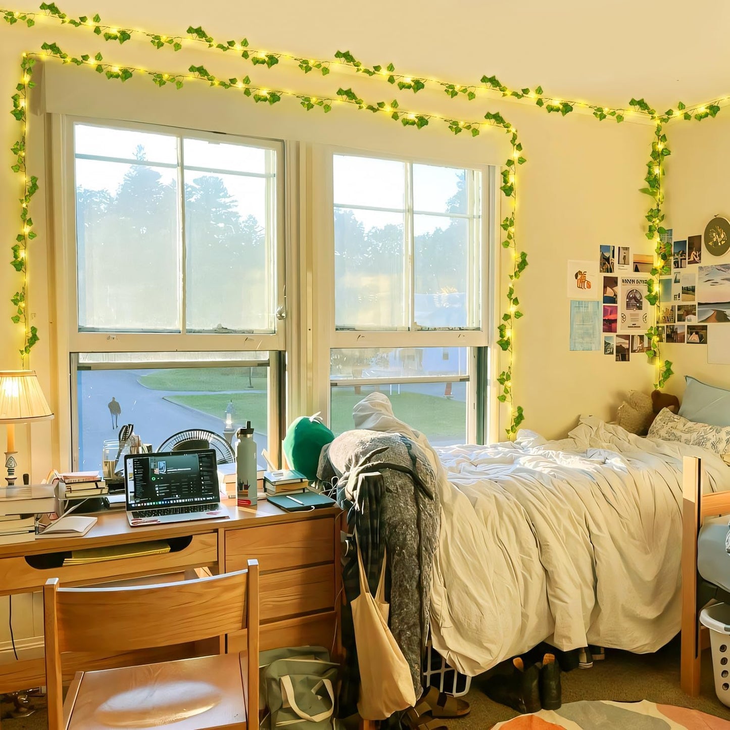 JMEXSUSS 33Ft Vines with Lights Battery Operated, 100 LED Ivy Vines with Fairy Lights Leaf with Remote for Bedroom Wall Classroom Dorm Wedding Birthday Party Decor(Warm White)