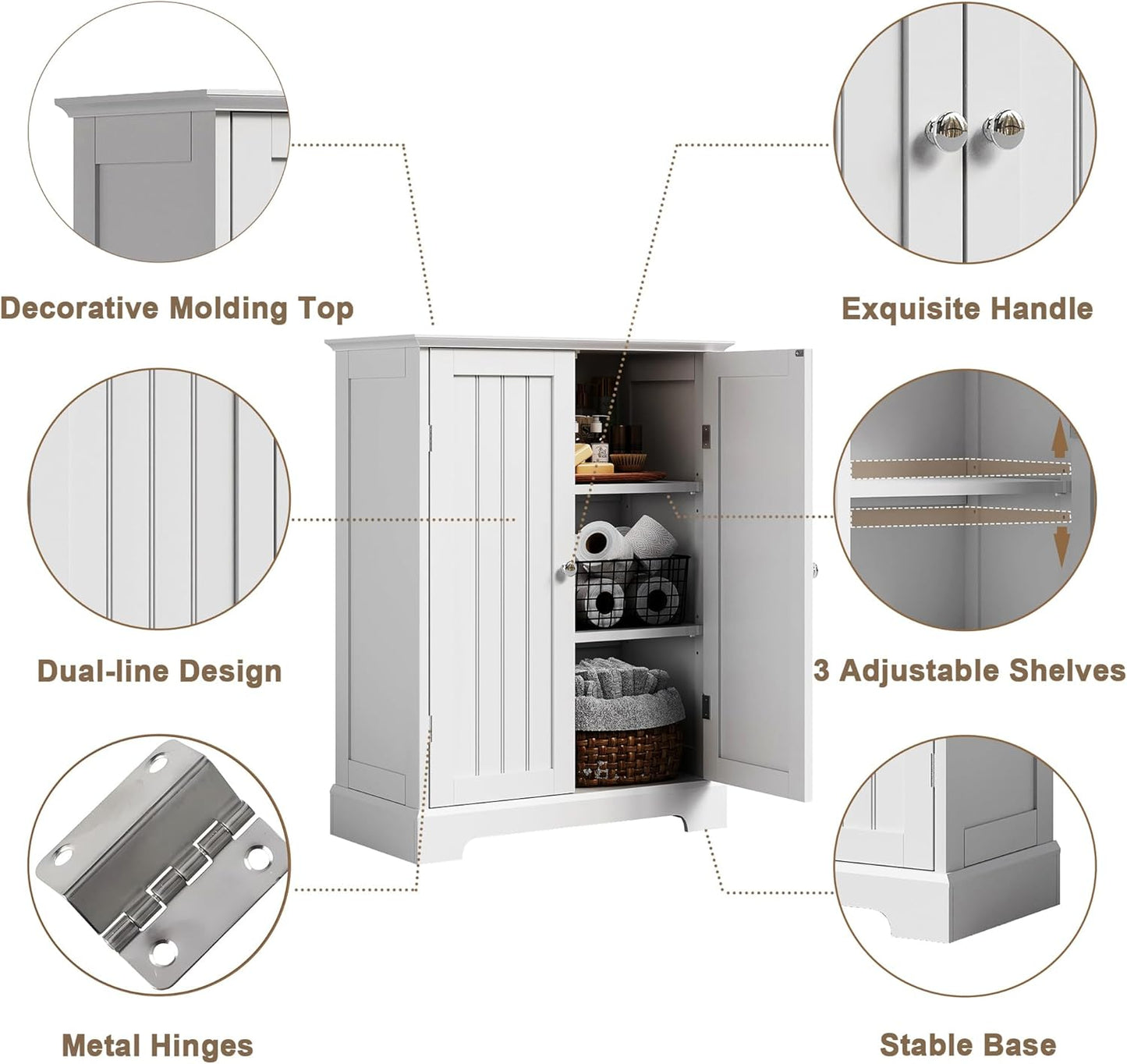 ChooChoo Bathroom Floor Cabinet, Modern Bathroom Storage Cabinet with 2 Doors and Adjustable Shelves, Freestanding Cupboard for Living Room, White