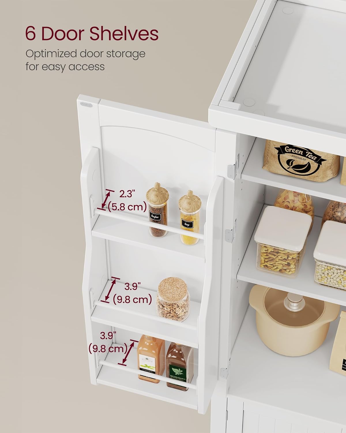 VASAGLE Pantry Cabinet, 53.5-Inch High Freestanding Tall Cupboard Storage Cabinet, 2 Cabinets, 2 Adjustable Shelves, 6 Door Shelves, for Living Room, Kitchen, White UBBC671W01