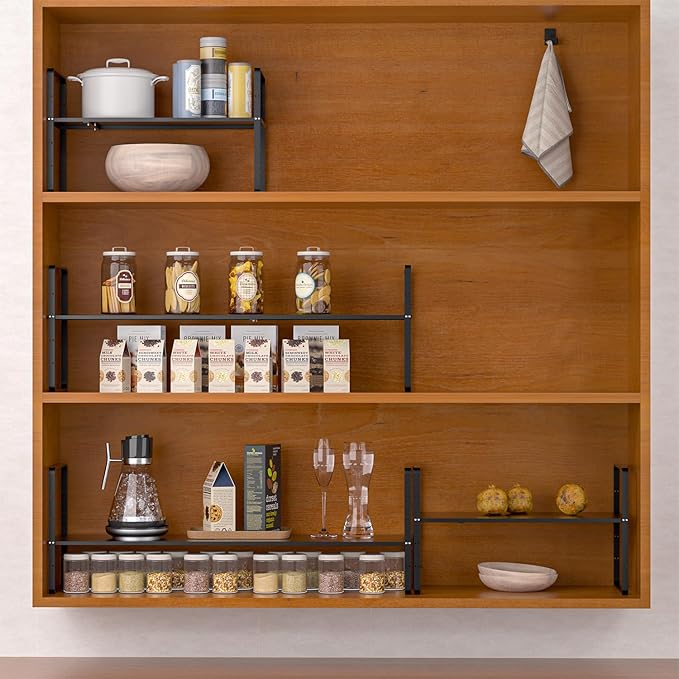 iPEGTOP Expandable Cabinet Storage Shelf Organizer Rack, Heavy Duty Steel Metal Spice Rack Adjustable Height Home Office Garage Pantry Shelf Space Riser for Counter Kitchen Organization, Black, 3 Pack