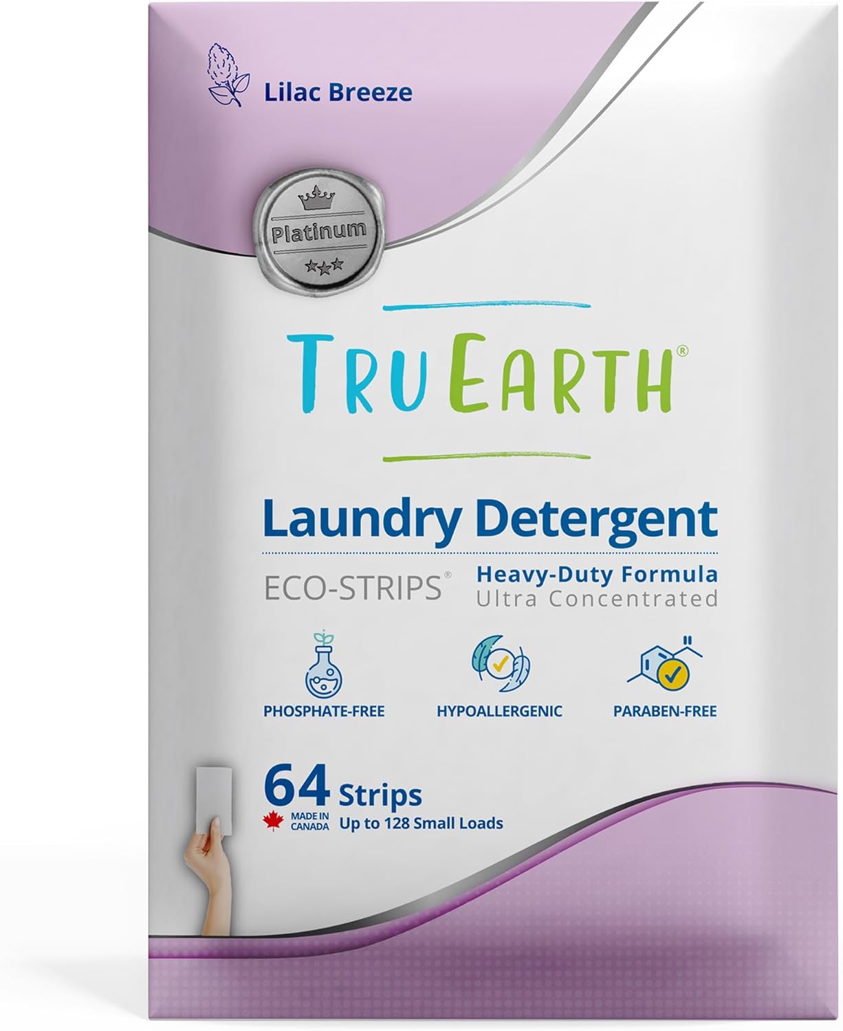Tru Earth Platinum - Heavy Duty Laundry Detergent Sheets - Up to 128 Loads (64 Count), Lilac Breeze Scent - Ultra-Concentrated Strips Formula - Eco-Friendly Travel Laundry Sheets