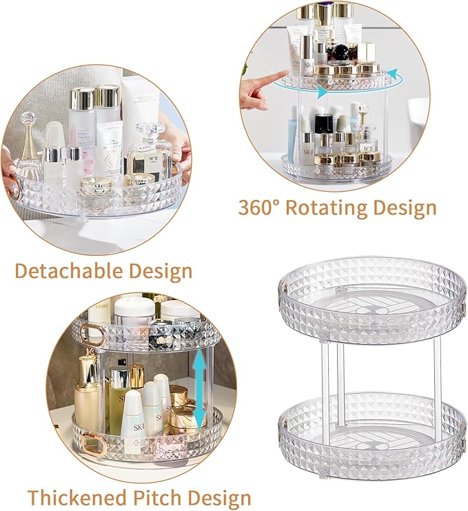 Wesoke 2 Tier Lazy Susan Turntable Cupboard Organiser, Large Rotating Kitchen Spice Rack Spinning Condiment Seasoning Organizer, Detachable Revolving Bathroom Makeup Tray Holder for Cabinet Fridge