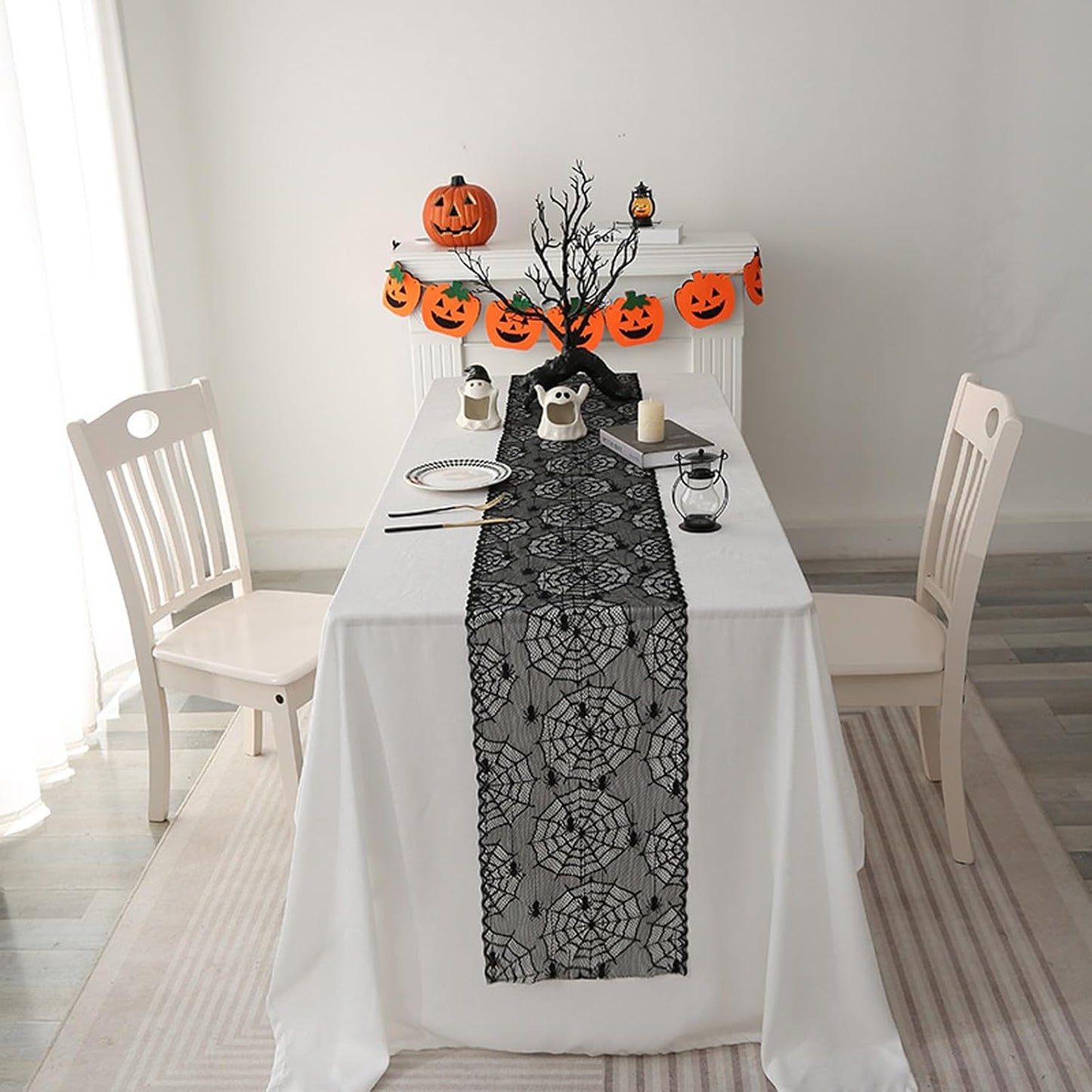 Halloween Lace Table Runners Black Gothic Spider and Cobweb Designs Lace Tablecloth Decorations Autumn Indoor Party Tabletop Cove for Halloween Decor Fireplace Mantel Scarf