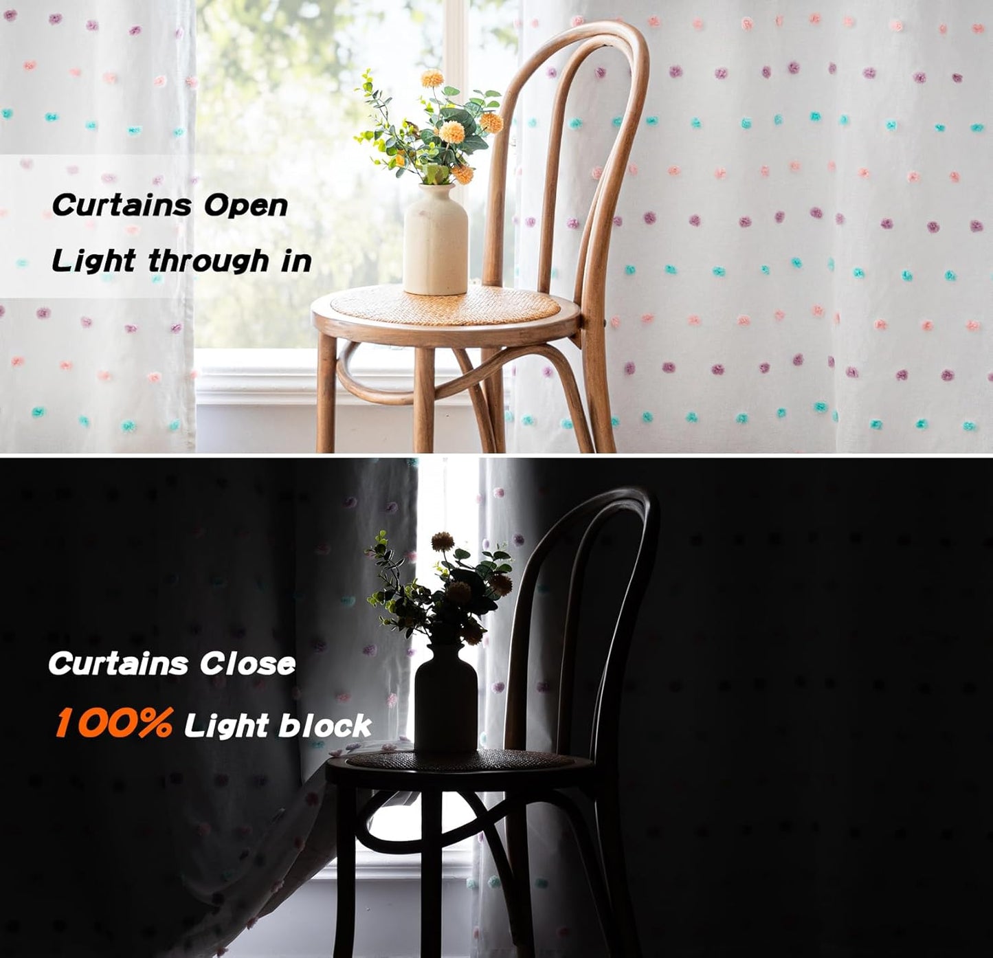 MYSKY HOME Total Blackout Curtains for Kids Bedroom Nursery Curtains 100% Light Block Doubled Curtains with Rainbow Pom Pom Sheer Window Drapes for Kitchen Room Darkening Grommet Set of 2, 52 x 63 in