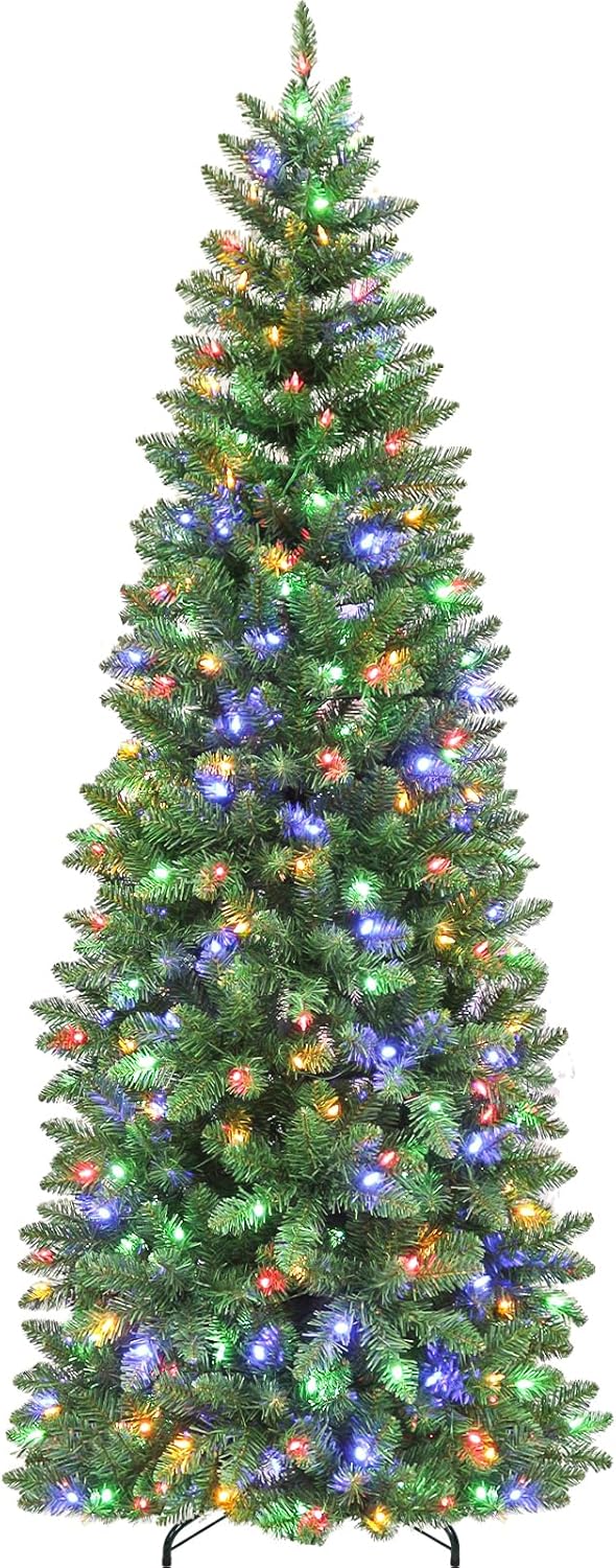 Hykolity 6ft Prelit Pencil Slim Christmas Tree with 200 Color Changing LED Lights, 544 Branch Tips, Metal Stand and Hinged Branches, 10 Color Modes