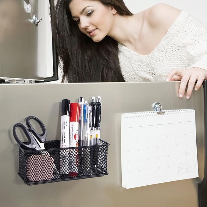 dedoot Magnetic Pencil Holder, Black Mesh Pen Organizer Strong Magnetic Storage Basket Organizes Pens, Pencils, Markers for Whiteboard, Locker, Fridge, Cubicle Desk, Offices 6.3x2.3x2.6inch