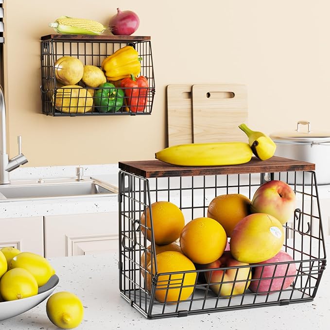 2pcs Fruit Basket Kitchen Storage Basket with Wood Lid, Stackable Wall Basket Fruit Basket for Kitchen, Countertop Organizer for Snack, Fruit and Veggie Storage, 11.8 x 7.9 x 8.5 Inch