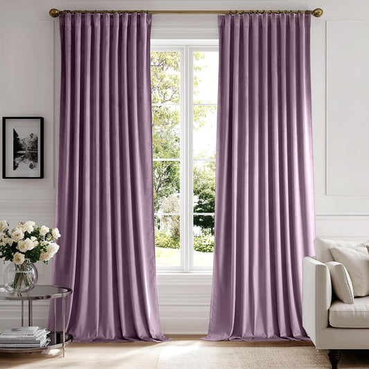 MIULEE Lavender Velvet Curtains 108 inches 2 Panels - Luxury Room Darkening Window Drapes for Bedroom Living Room Thermal Insulated Super Soft Extra Long, Back Tab Rod Pocket Pinch Pleated, Purple