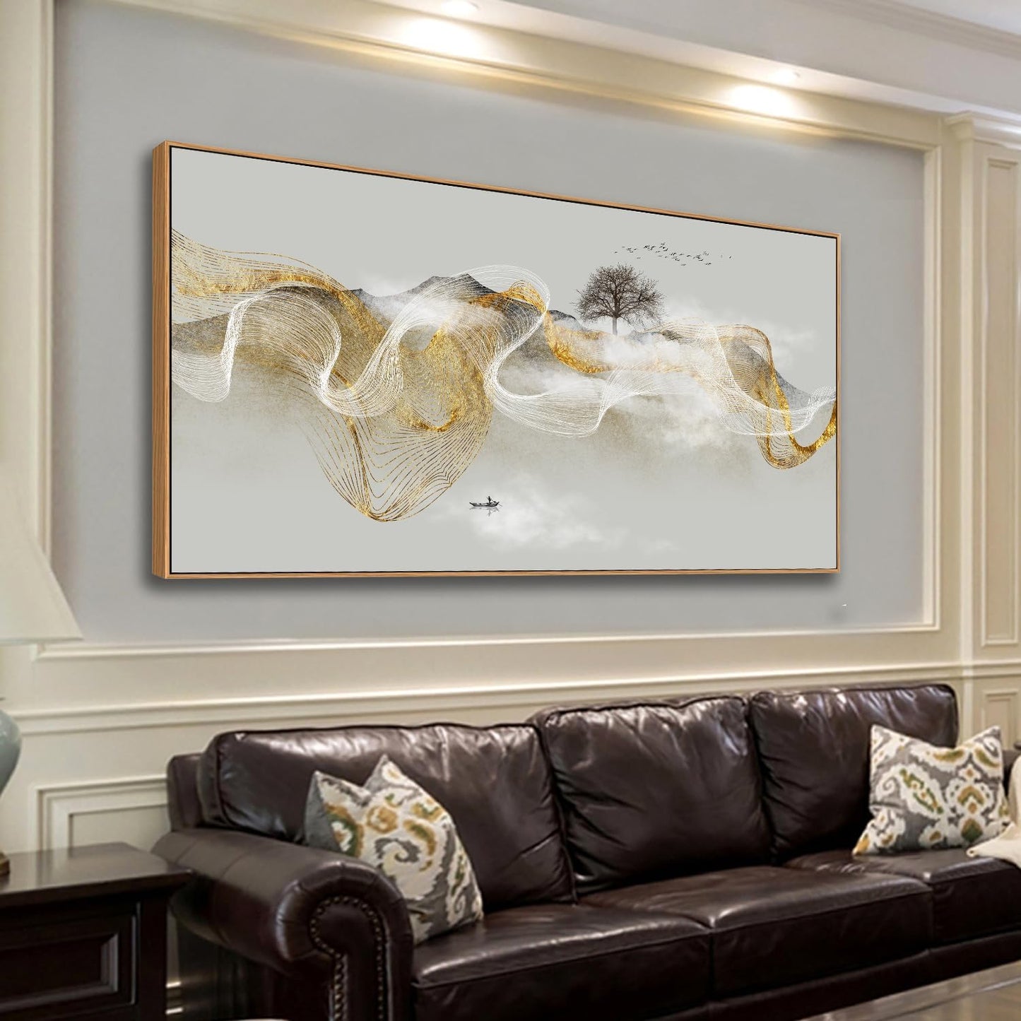 HUADAOART Wall Art Modern Zen Light Luxury Natural Landscape with Golden and White lines Background Wall Decor Canvas Prints for Living Room Bedroom 24x48 Inches (Framed)